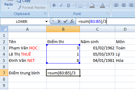 cách sử dụng hàm trong Excel